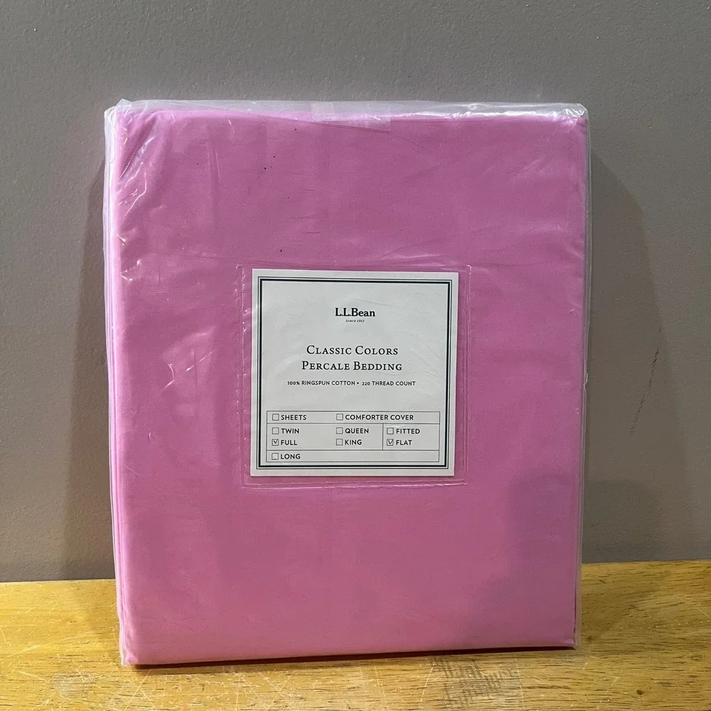 LL Bean Pink Water Lily Percale Full Flat Sheet 100% Ringspun‎ Cotton 220TC NEW